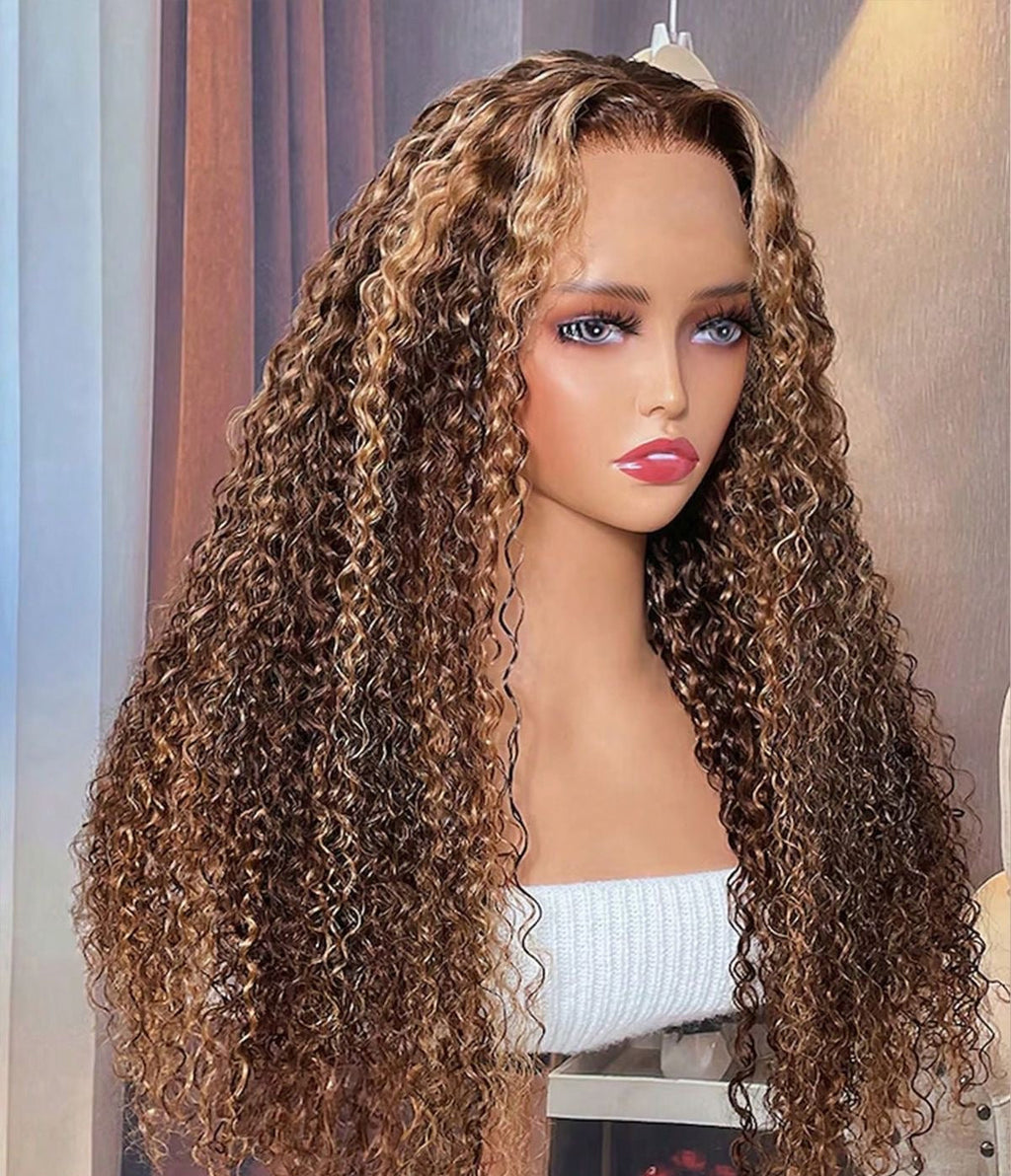 13x6 HD Lace Honey Blonde Highlight Curly Lace Front Wig