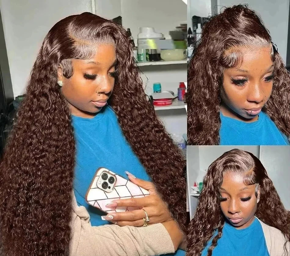 13X4 Chocolate Brown Curly Lace Front Pre Plucked Deep Wave Brazilian Wig